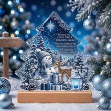 Acrylic Desktop Display With Wooden Base, Blue Winter Snowy Cabin, Fox, Deer, Snowman And English Slogan, Christmas Holiday Home Decor, Gift Idea - A - View 10