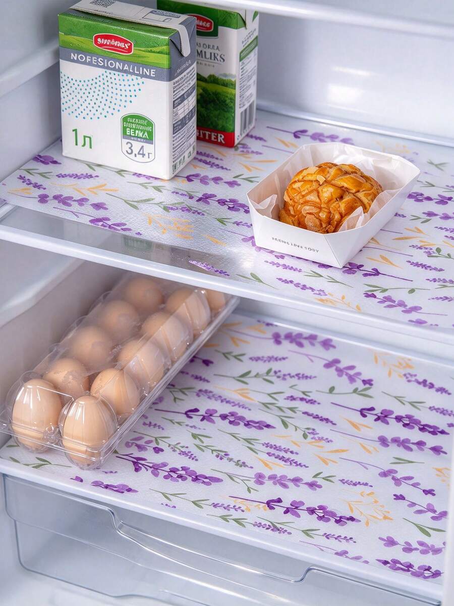 4 Reusable Refrigerator Pads - Lavender Print, Drawer Lining, Moisture-Proof Pad, EVA Material Suitable For Refrigerator And Kitchen Decoration (Non Self-Adhesive), Kitchen Essentials/Tools/Supplies/Accessories, Christmas, Kitchen Accessories - Multicolor - View 1