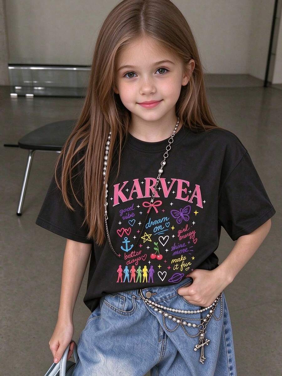 Tween女孩 1件印花套頭短袖T恤,學生幼童服飾,夏季上衣 - 黑色 - 查看 1