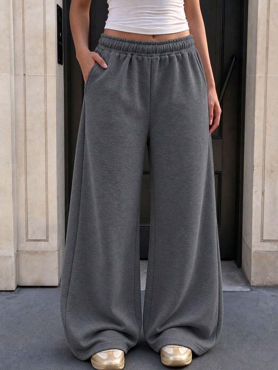 1件女孩/青少年女孩純色休閒戶外寬鬆運動百搭抓絨內裡長褲 - 深灰色 - 查看 1