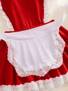 Women Red Maid Sexy Lingerie Costume Set Back Hollow Out Cami Dress+Choker+Apron Soft Sleepwear Slip Cute Cosplay Pajamas Romantic Honeymoon Halloween - Red - View 5