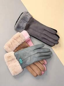 Faux Suede Fabric Full Finger Gloves, Slim Straight Shape With Plush Furry Cuff & Small Label Decoration, Touch Screen Design For Phone Operation,For Daily Commute, Shopping, Outdoor Walking, Christmas, New Year, Cold Autumn And Winter Days - Multicolor - View 8