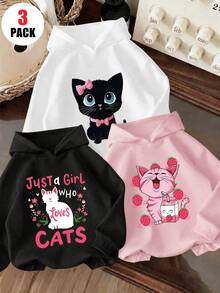 3pcs/Set Teen Girls Bow Strawberry Cat Hooded Sweatshirt, Black White Pink Cute Loose Casual Sweatshirt Set, Spring Autumn - Pink - View 2