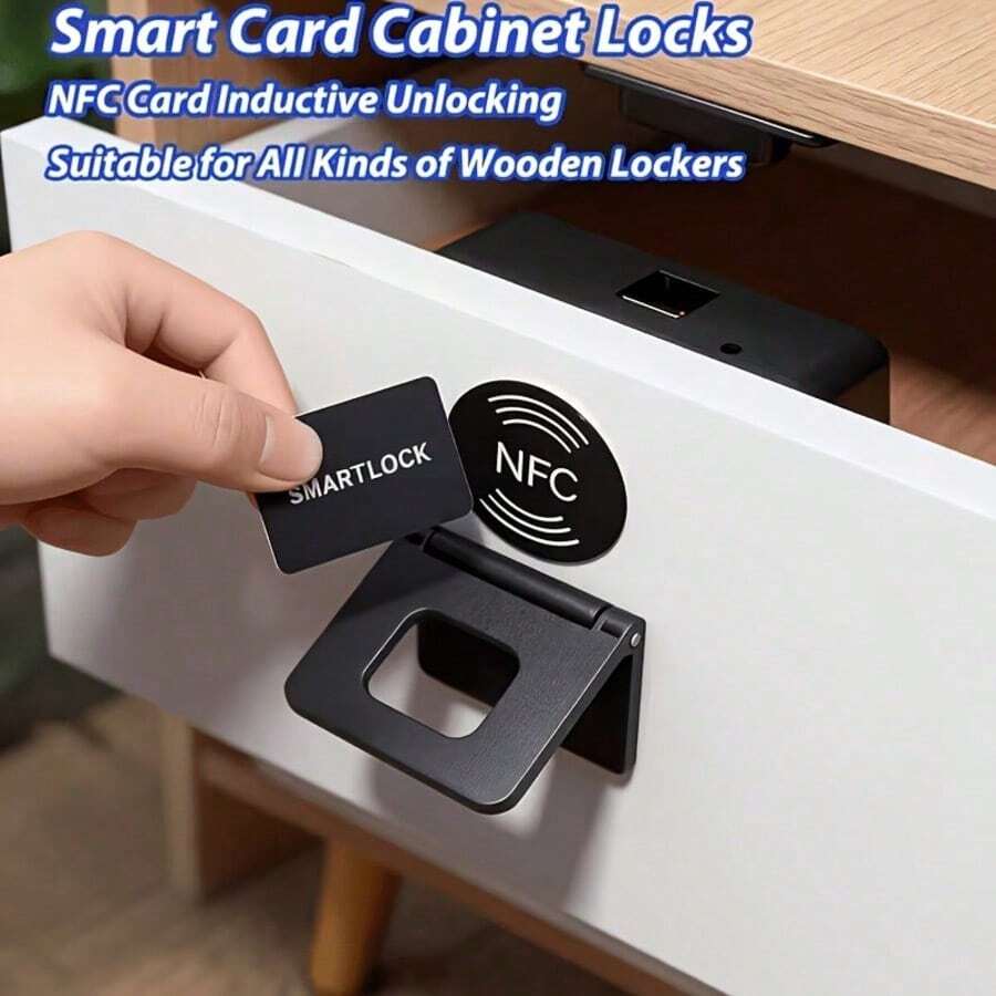 Khóa ngăn kéo tủ thông minh NFC, lắp đặt không cần khoan, có tay cầm, mở khóa bằng thẻ, mở khóa NFC qua điện thoại, mở khóa không dùng chìa, phù hợp cho: ngăn kéo gỗ, tủ, tủ đầu giường, bàn làm việc, tủ văn phòng; dùng pin AAA (không bao gồm pin)