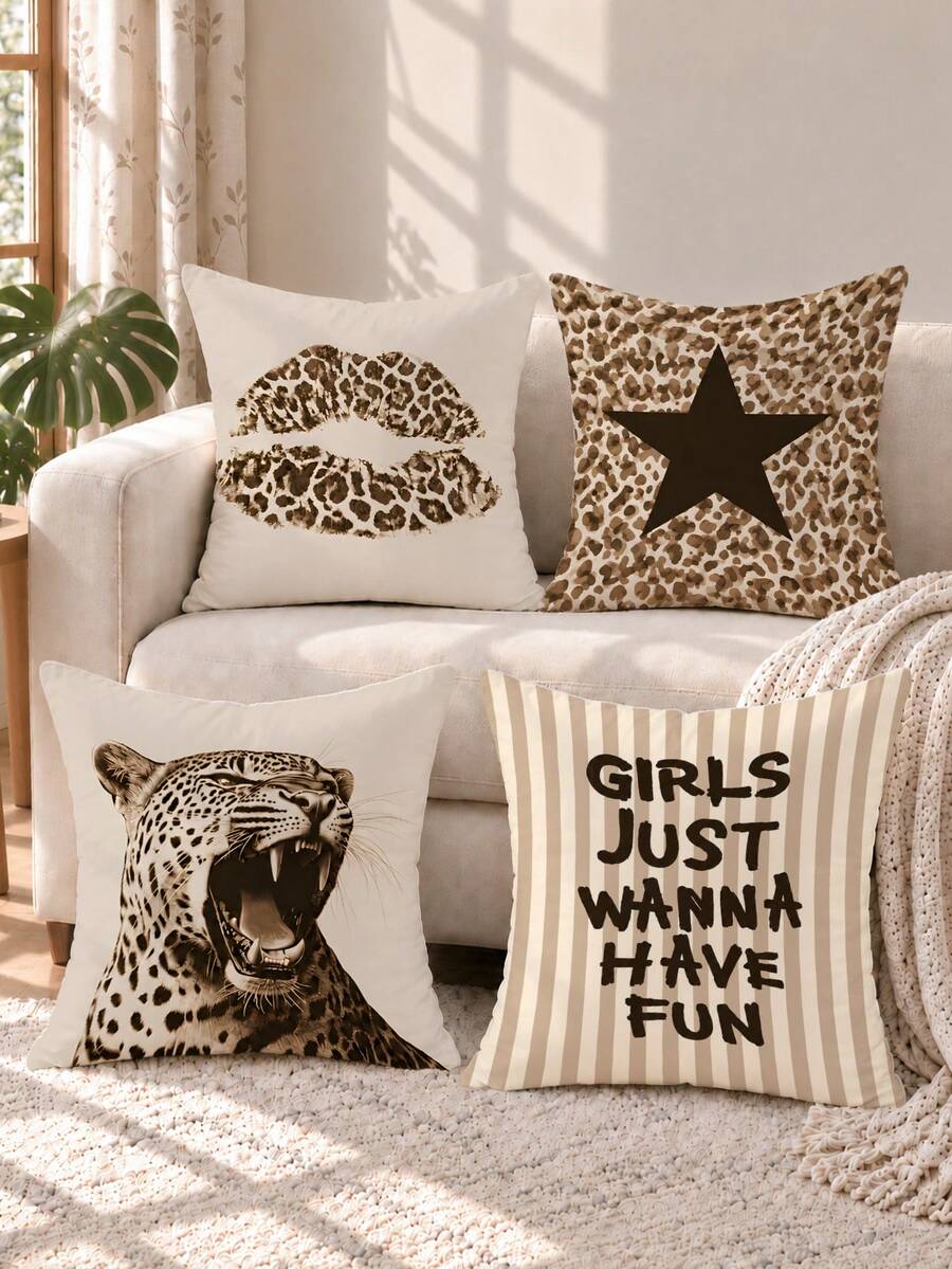 Y2K Cool Leopard Print Wild Leopard Lips Star Stripe Pattern Cushion ...