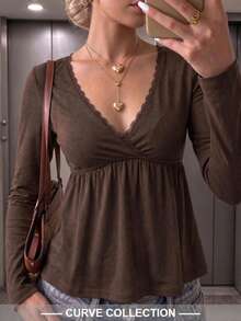 Plus Size SCARLUX Autumn/Winter Y2K Women's Brown V-Neck Long Sleeve Knit Top, Suitable For Back To School, Street, Commute And Comfortable Home Wear - Brown - View 1