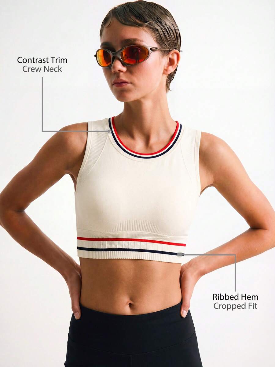 Leorrey 1pc Women Ribbed Contrast Color Round Neck Backless Yoga Fitness Exercise Dance Tennis Golf Sports Tank Top - White - View 1