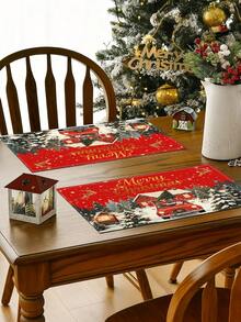 2 Pcs Merry Christmas Santa Red Car Placemats Snowy House Reindeer Snowman Print Heat Resistant Table Mats Farmhouse Xmas Dining Table Decor - Red - View 7