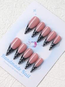 10PCS-Handmade Press On Nails, Stiletto Shape, Fall Nails,Nail Art,Y2K Style, Reusable, Black, Paired With French Style, 3D Design, Suitable For Wedding,Autumn,Winter,Daily Wear, Parties, Vacations, And Also The Best Holiday Gift For Women. - Black - View 3