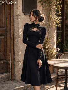 Vuslat Women's Winter New Chinese Style Stand Collar Frog Button Lace Hollow Long Sleeve Midi Dress For Evening Party, Date, Wedding Banquet - Black - View 6