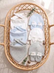 momscare 1 Set Baby Bibs Solid Color Simple Series Gloves Newborn 3 Hats 3 Pairs Gloves 3 Bibs - Multicolor - View 6