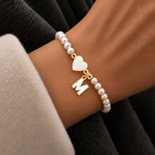 1pc Fashion Vintage Heart Initial Pendant Beaded Bracelets For Women - White - View 1