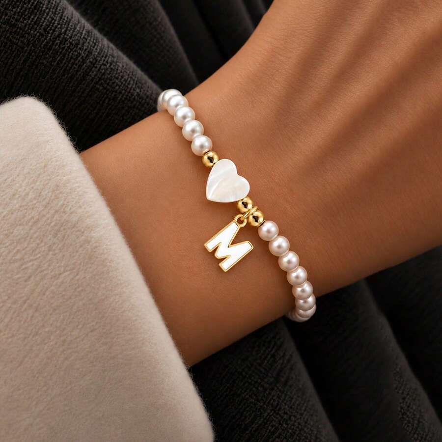 1pc Fashion Vintage Heart Initial Pendant Beaded Bracelets For Women - White - View 1