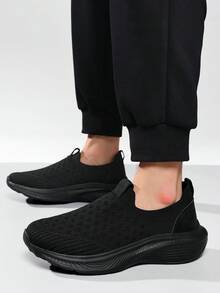 Men's Breathable Hollow Knit Sock Shoes, Lightweight Shock Absorbing Thick Bottom Slip On Walking Sneakers For Daily Commute - Black - View 4