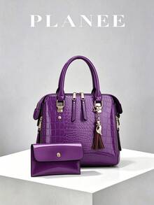 Women's Bright Purple Crocodile-Embossed Glossy PU Top Handle Satchel & Matching Envelope Clutch Set - Crocodile Pattern Mother-baby Bag - View 1