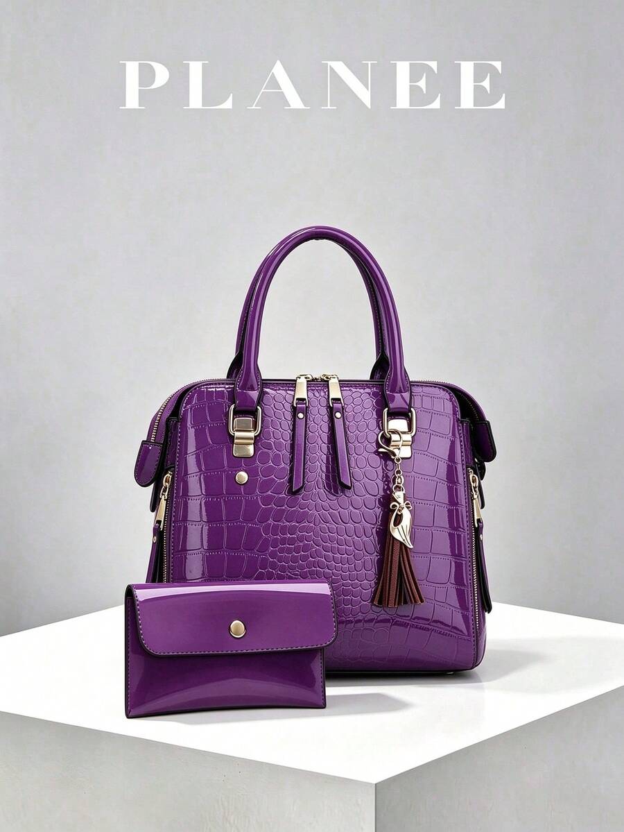 Women's Bright Purple Crocodile-Embossed Glossy PU Top Handle Satchel & Matching Envelope Clutch Set - Crocodile Pattern Mother-baby Bag - View 1