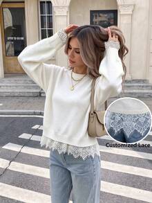 2026 Fall/Winter New Arrival: Women's Fashionable, Elegant , And Versatile Solid-Color Backless Lace-Panel Round-Neck Long-Sleeve Casual Sweater - White - View 10