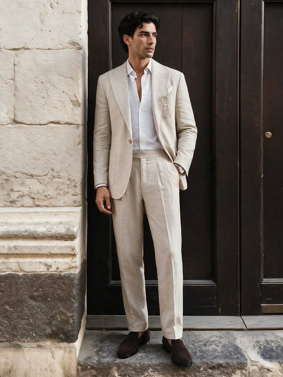 Men's Linen Suit Set, Jacket And Pants, Slim Fit Single-Breasted, Casual Formal Business Party - Beige - View 1