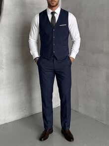 DAZY Men's 3 PiecesSuit Set, Elegant Solid Color Slim Fit Gentleman Vest, Pants And Tie Set, Business Commute, Wedding, Party, Ball - Navy Blue - View 7