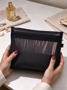 5 Pcs Black Mesh Cosmetic Bag Set, Zipper Makeup Pouch, Portable Semi-Transparent Mesh Storage Organizer Bag For Travel, Cosmetics, Cables And Small Accessories - Black - View 2