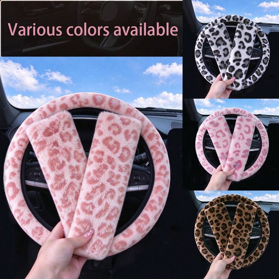 3pcs Fashion Leopard Print Plush Car Steering Wheel Cover & Shoulder Pad Set, Classic Stylish Car Steering Wheel Protector, Women's Car Interior Accessories - A - View 1