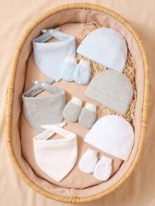 momscare 1 Set Baby Bibs Solid Color Simple Series Gloves Newborn 3 Hats 3 Pairs Gloves 3 Bibs - Multicolor - View 7