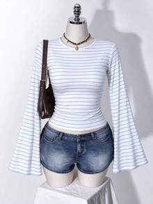 Plus Size Striped Contrast Knit Flare Long Sleeve T-Shirt For Women, Elegant Going Out Top,Casual Everyday Wear,Vacation,Fall - Baby Blue - View 2