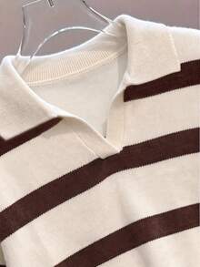 Plus-Size Cream Brown Striped Polo V-Neck Drop Shoulder Long Sleeve Ribbed Knit Pullover Women Casual Chic Homecoming Christmas Fall Winter - Khaki - View 4