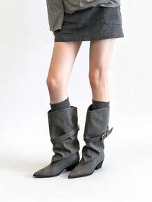Western Style Pointed Toe Mid-Calf Boots With Buckle And Ruched Vintage Cowboy Design - Grey - View 1