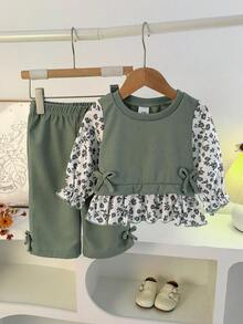 Baby Girl Spring/Autumn Sweet Waffle Knit 2-Piece Set, Floral Patchwork Ruffle 2 In 1 Top + Bow Hem Elastic Wide Leg Casual Pants, Daily Outdoor Vacation Photo Party Street Fresh Mori Style - Mint Green - View 7