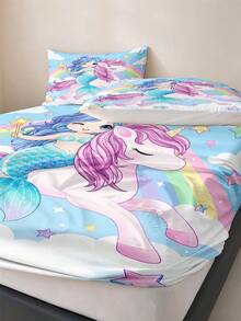 2/3PCS Cartoon Mermaid Unicorn Fitted Sheet Animal Print Bedding Set For All Seasons Twin/Full/Queen 100% Polyester Machine Washable - Multicolor - View 4