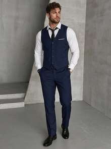 DAZY Men's 3 PiecesSuit Set, Elegant Solid Color Slim Fit Gentleman Vest, Pants And Tie Set, Business Commute, Wedding, Party, Ball - Navy Blue - View 2