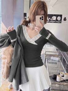 Pure Desire Sweet Style V-Neck Lace Patchwork Ruffle Trim Slim Fit Long Sleeve Knit Women's Top, Autumn/Winter New, Versatile For Daily Commute, Suitable For Christmas, Halloween Date Party - Dark Grey - View 5