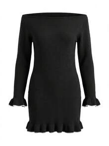 Women's Autumn/Winter Sexy Elegant Black Ribbed Knit Mini Sweater Dress, Ruffle Trim Contrast Binding, Long Sleeve Slim Fit Autumn Outfit - Black - View 6