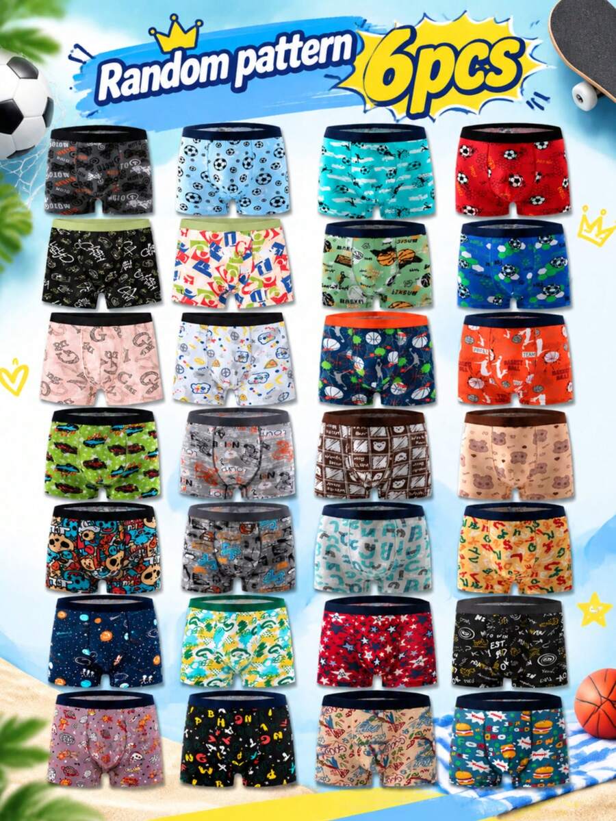 6pcs Big Boys Square Leg Briefs, Random Print Cartoon Sports Style, Breathable And Comfortable, Suitable For Students Daily Home Wear, Snug Fit Without Tightness, Multiple Colors Available - Multicolor - View 1
