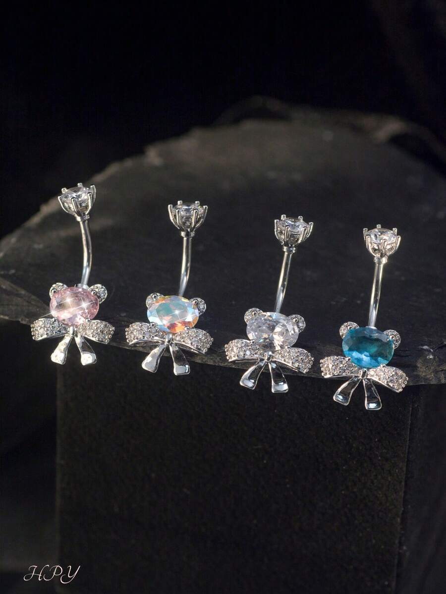 HPY905-Bowknot Colorful Rhinestone Bear Navel Piercing - Multicolor - View 1