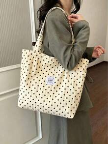 Korean Style Minimalist Polka Dot Shoulder Bag, Slouchy Student Commuter Large Capacity Tote Bag - White - View 3