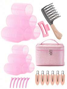 12 Pcs Rollers Hair Curlers , Large Medium Small Self Grip Hair Rollers With Rollers 12pcs Clips And 1 Cosmetic Bag And1pcWide Tooth Comb For Curls - Multicolor - View 5