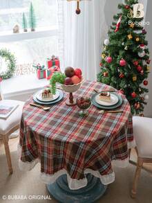 Christmas Plaid Ruffle Edge Tablecloth, Vintage Scottish Tartan White Ruffle Edge Tablecloth, Christmas Dinner Party Holiday Decoration Tablecloth, Farmhouse Style Home Kitchen Dining Room Table Decor - Brown - View 9