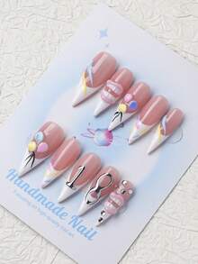 10PCS-Handmade Press On Nails, Stiletto Shape, Fall Nails,Nail Art,Y2K Style, Reusable, White, Paired With French Style, 3D Design, Suitable For Birthday,Autumn,Winter,Daily Wear, Parties, Vacations, And Also The Best Holiday Gift For Women. - White - View 3