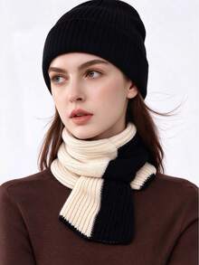 Women's Short Knitted Scarf, Cross-Knit Neck Warmer, Korean Style Colorblock Versatile Neck Protector, Autumn/Winter Woolen Beanie Hat, Japanese Style Solid Color Knitted Cold Weather Cap - A - View 5