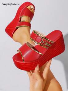 Women's Red Open Toe Fashion Outdoor Metal Decor Platform Thick Sole Versatile Comfortable Wedge Sandals - Red - View 4