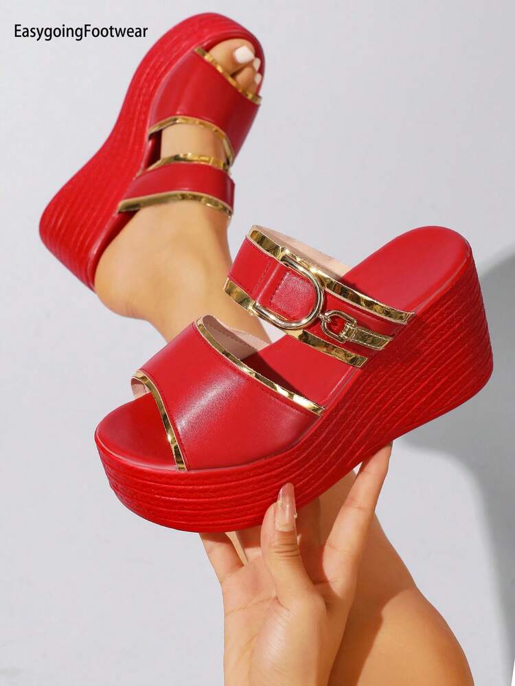 Women's Red Open Toe Fashion Outdoor Metal Decor Platform Thick Sole Versatile Comfortable Wedge Sandals - Red - View 4