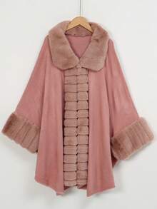 1pc Solid Color Fur Collar Loose Knit Cardigan Shawl Cape Outerwear - Multicolor - View 2