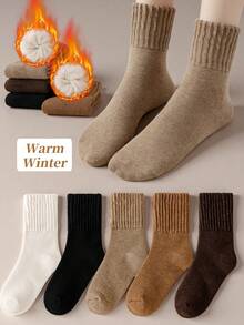 1/3/5 Pairs Women's Warm Thick Mid-Calf Socks, Solid Color Loose Slouch Socks, Warm Lining Autumn/Winter Sleep Socks, Suitable For Daily Wear Below 5°C - Multicolor - View 1