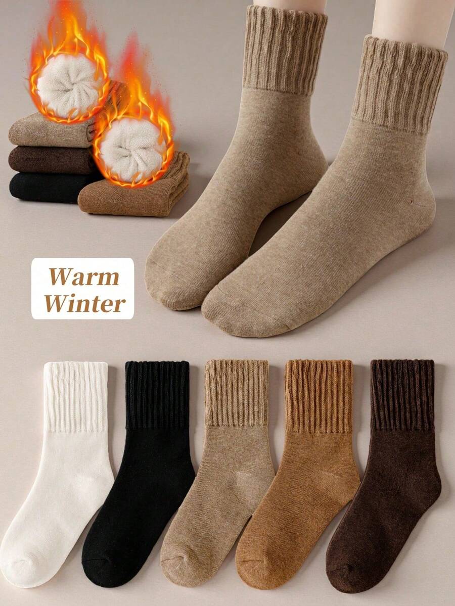 1/3/5 Pairs Women's Warm Thick Mid-Calf Socks, Solid Color Loose Slouch Socks, Warm Lining Autumn/Winter Sleep Socks, Suitable For Daily Wear Below 5°C - Multicolor - View 1