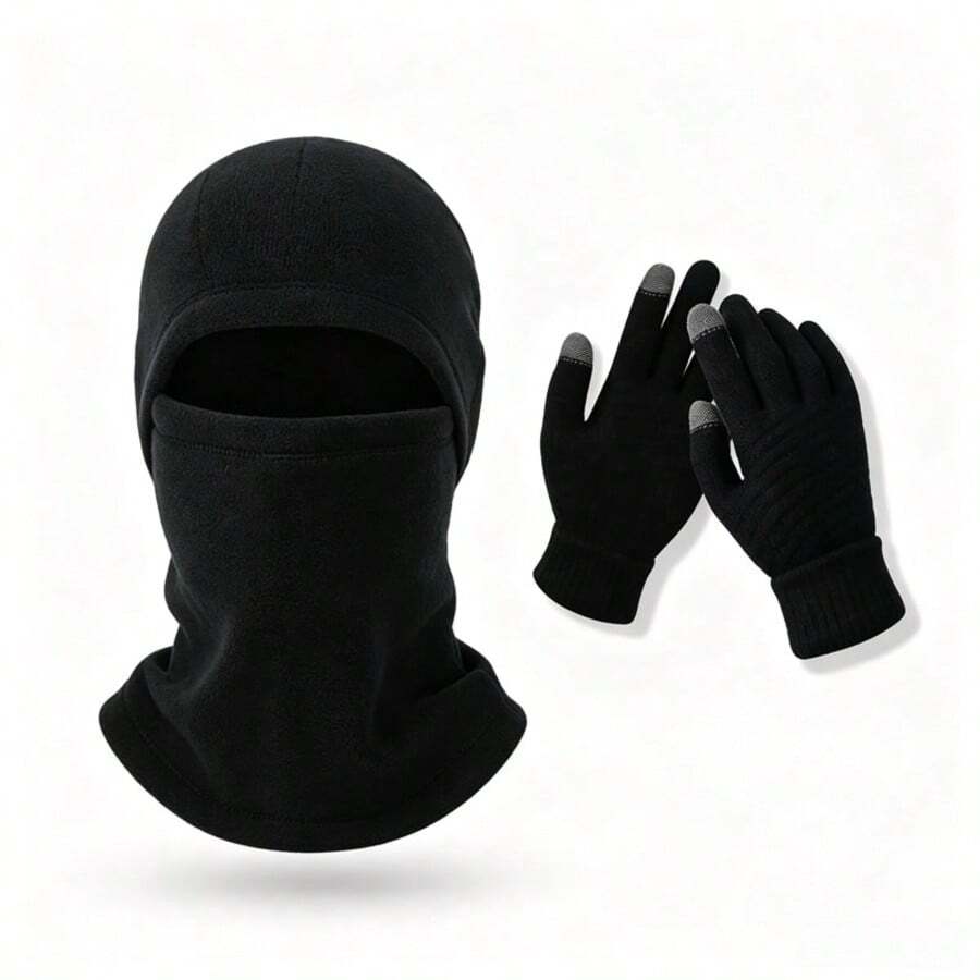 2 Pieces,Multi-Use Winter Thermal Protection Set, Balaclava Hood Mask + Touchscreen Knitted Gloves, Ideal For Ski, Run, Bike, Camping - A - View 1
