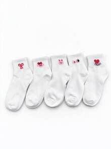 5 Pairs Pink Heart Rabbit Mid-Calf Socks For Women, Ribbed Cuff, Soft And Breathable, Versatile Cotton Socks For Girls And Students, Daily And Home Wear - Multicolor - View 9