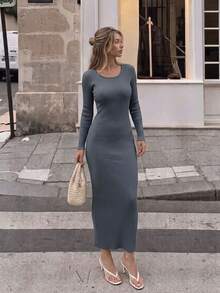 French Style Knit Bodycon Midi Dress For Women, Slimming Bodycon Dress For Autumn/Winter - Grey - View 1