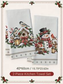 2PCS Kitchen Towels, Christmas Bird Wooden House Vintage Snowman Pattern Kitchen Towels Dish Cloths, 40*60cm Rectangular Soft Microfiber Cleaning Kitchen Towels, Perfect For Kitchen, Dining Room And Bathroom Use, Kitchen Decor, Home Decor, Neighbor Housewarming Gift, Dish Cloths - Multicolor - View 10